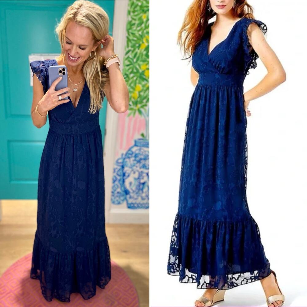 Lilly Pulitzer Womens Dress Sz 2 Navy Autumn Botanical Floral V-Neck Ruffle Midi